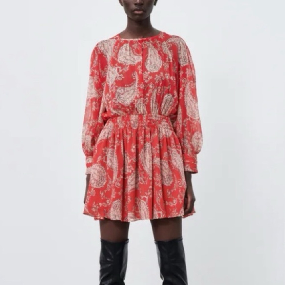 Zara Red Printed Paisley Long Sleeve Waist Cinch Everyday Chiffon Dress Sz.Small